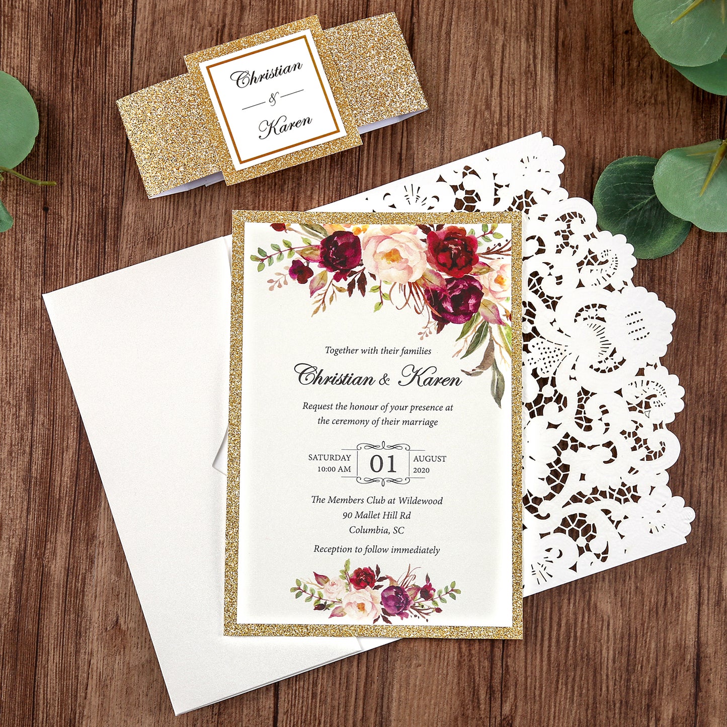 White Hollow Flora Laser Cut Invitations with Gold Glitter Border and Glitter Belly Band for wedding,bridal shower