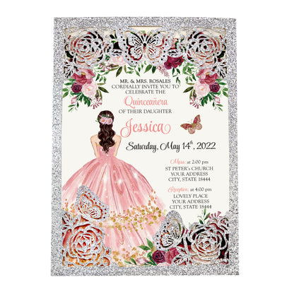 Silver with Hollow Butterflies Invitations Greeting Cards For Quinceanera