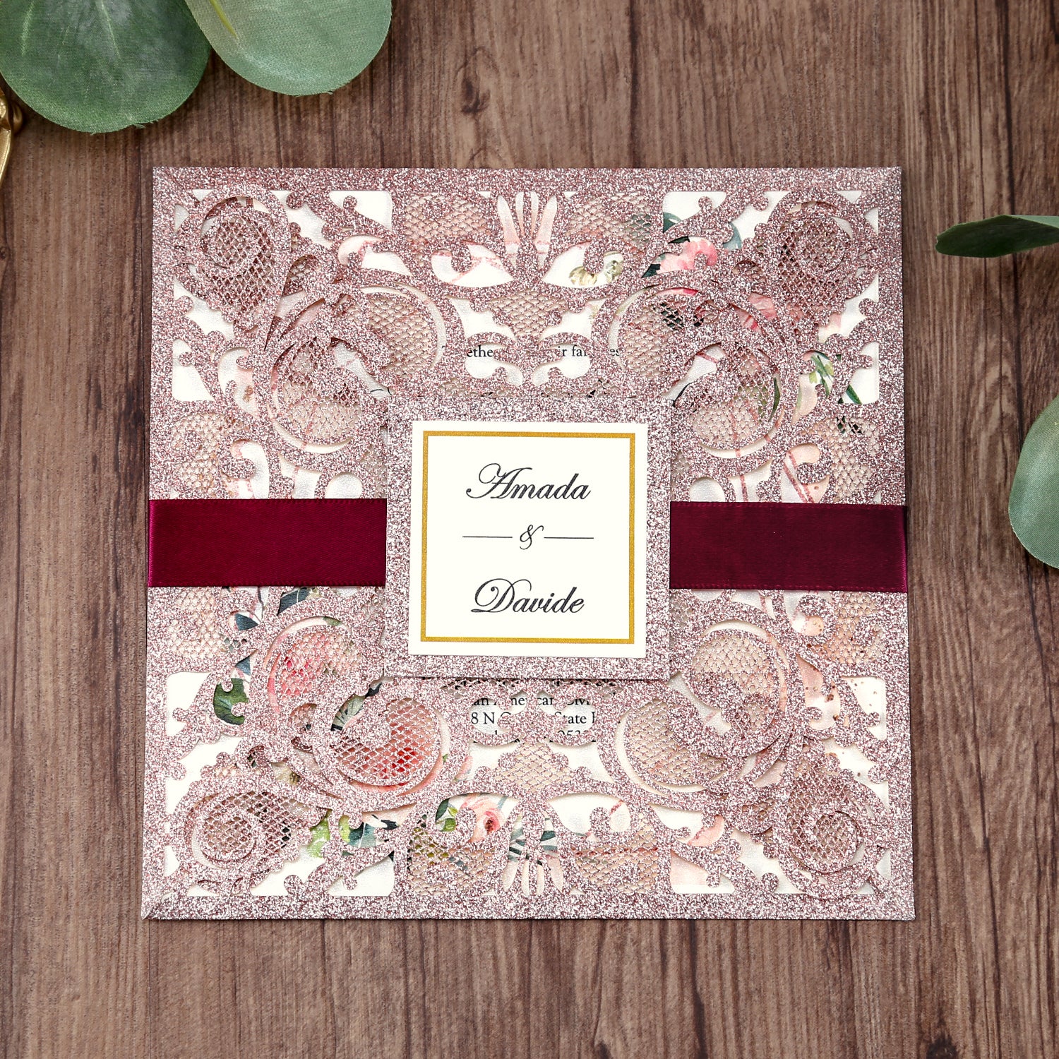 Square Rose Gold Glitter Wedding Invitations with Glitter Belly Band for Wedding - DorisHome