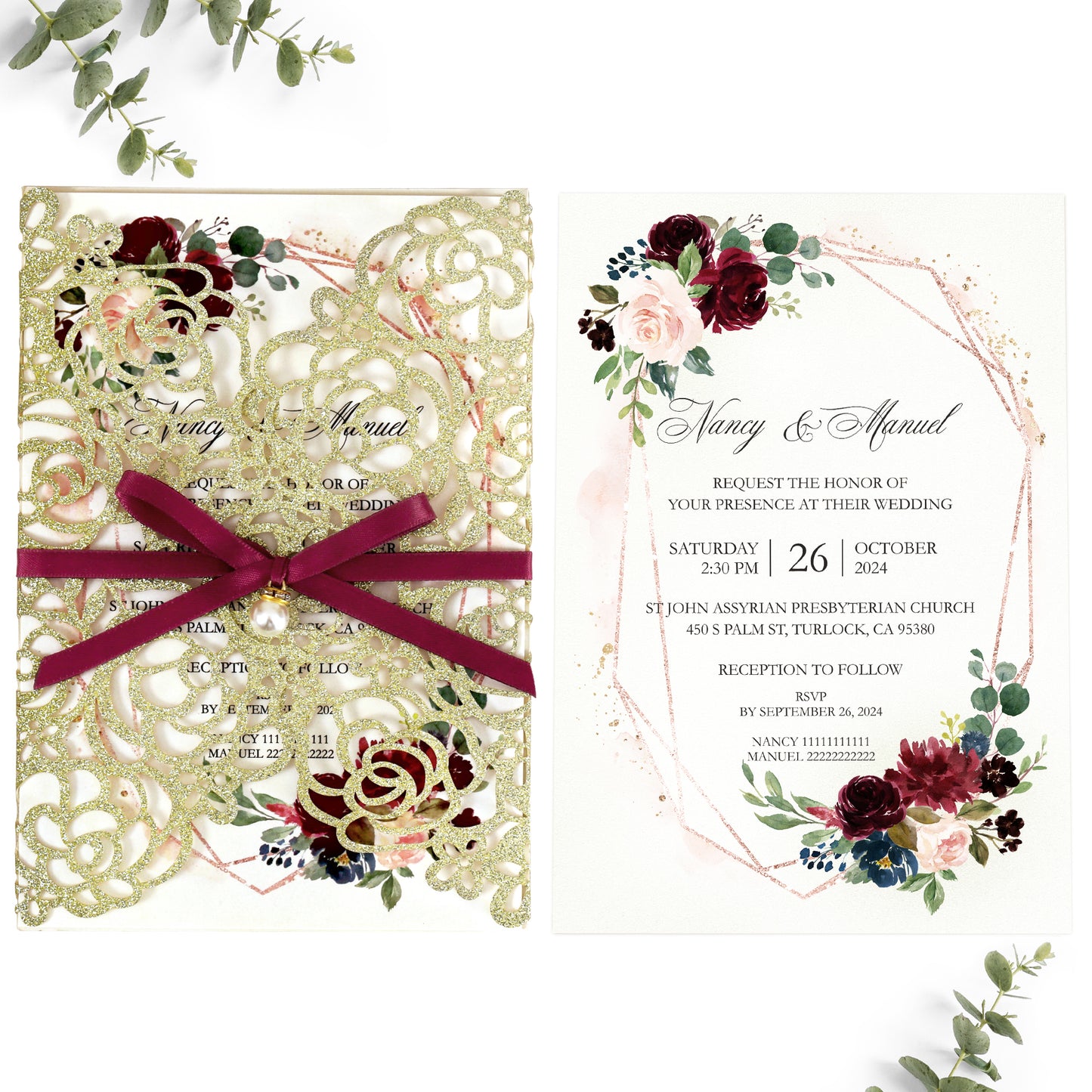 Gold Glitter Floral Laser cut invitation cards with Burgundy Ribbon and Pearl for Wedding Anniversary