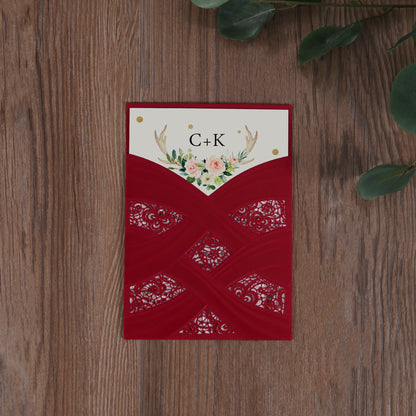 Vertical Laser Cut Wedding Invitation with Red Hollow Flora - DorisHome