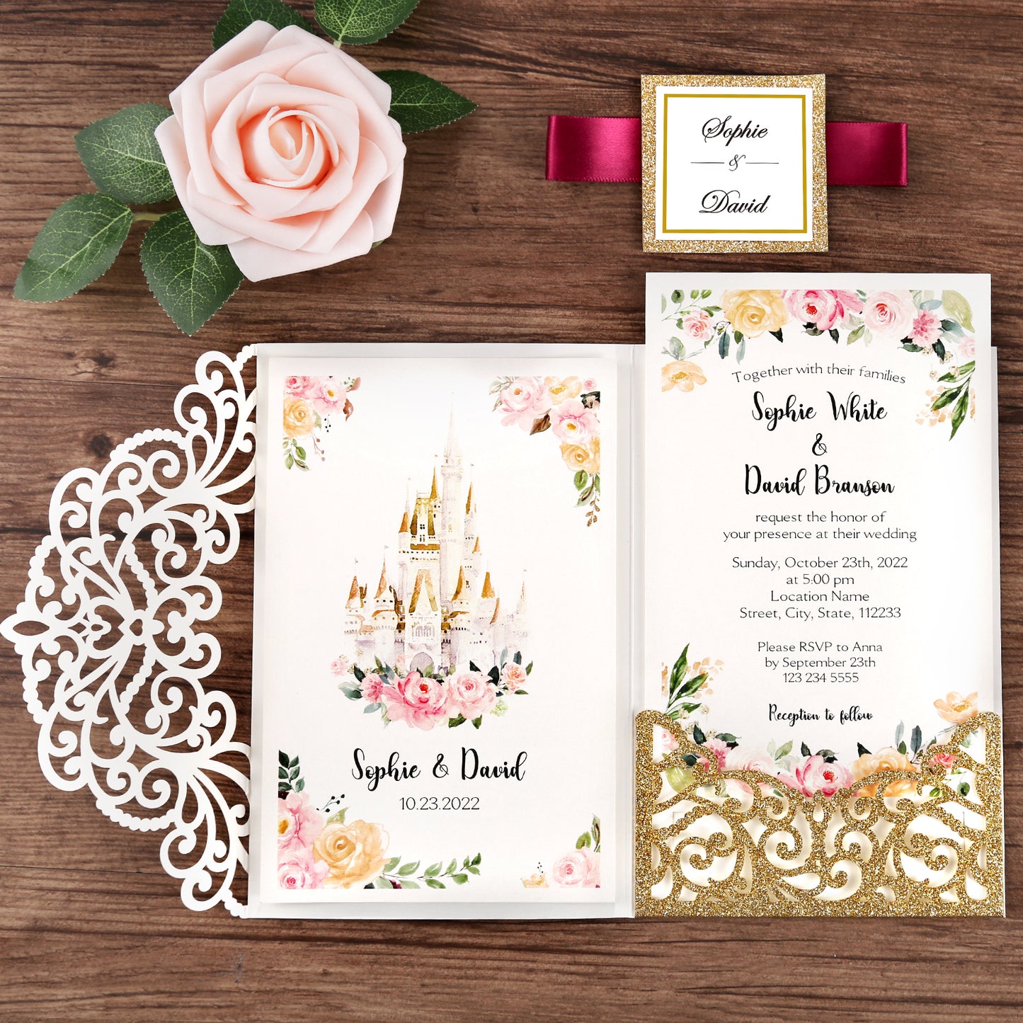 4.7 x7 inch Gold Glitter Laser Cut Wedding Invitations With Envelopes Kit Hollow Rose Pocket And Burgundy Ribbon Belly Band for Wedding Bridal Shower Engagement Invite