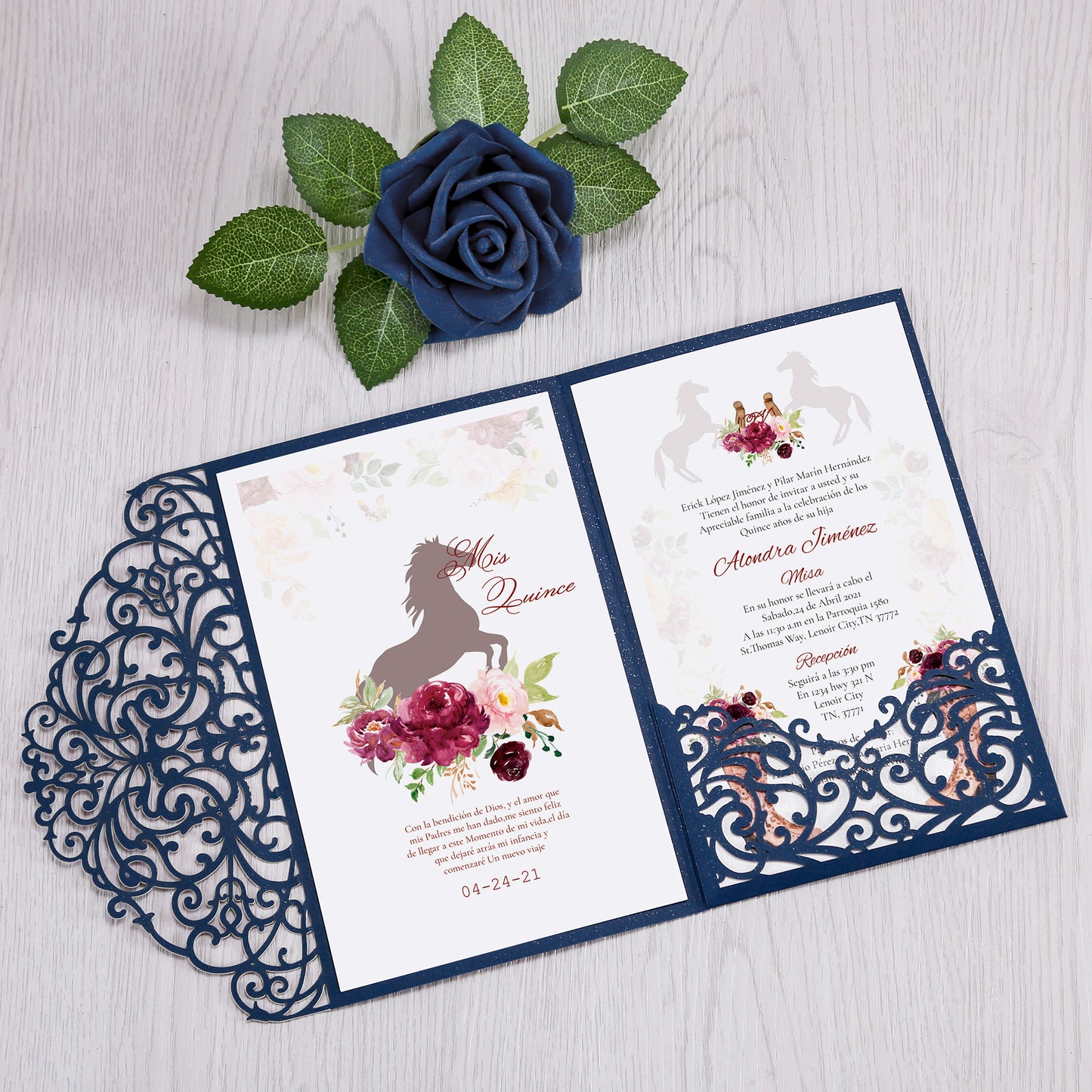 4.7 x7 inch Blue Laser Cut Hollow Rose Quinceanera Invitations Cards with Envelopes for Birthday Sweet 16