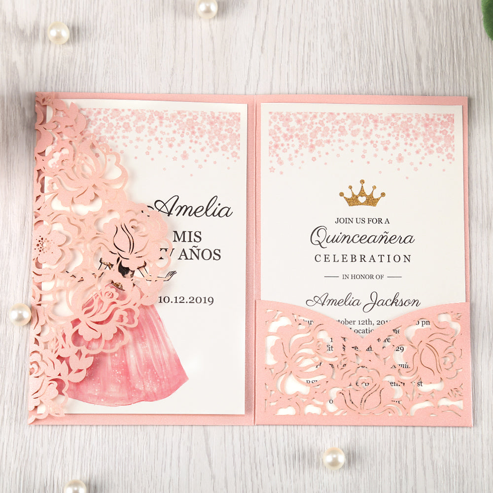 Pink Floral Laser cut invitation cards for Quinceanera - DorisHome