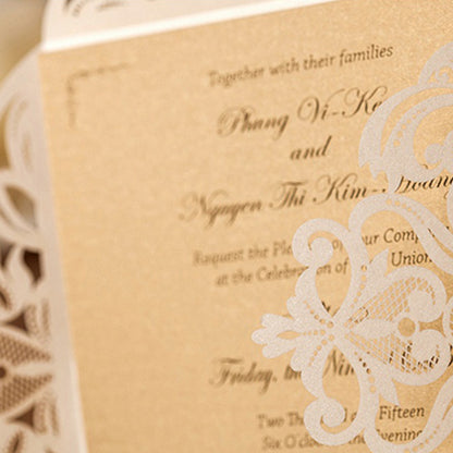 Square Beige Laser Cut Lace Flower Invitations Cards - DorisHome