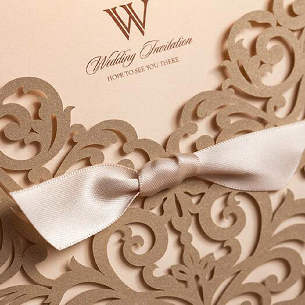 Gold Laser Cut Beige Ribbon Wedding Invitation,Invitations - DorisHome