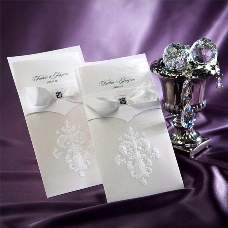 Vertical Ivory White Flora Pattern with Bowknot Engagement Wedding Invitation - DorisHome