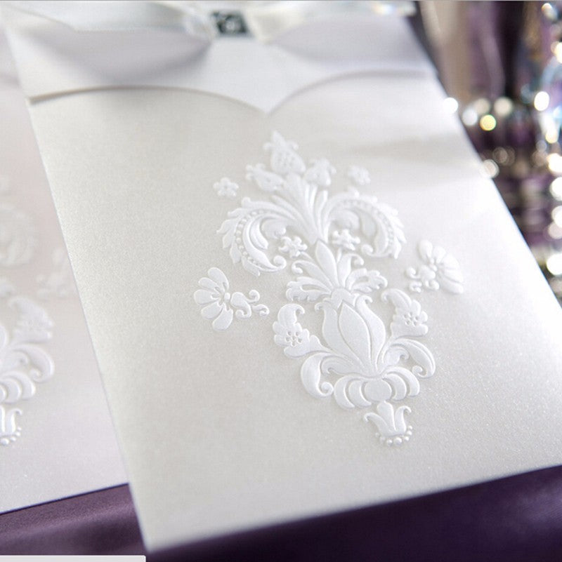 Vertical Ivory White Flora Pattern with Bowknot Engagement Wedding Invitation - DorisHome