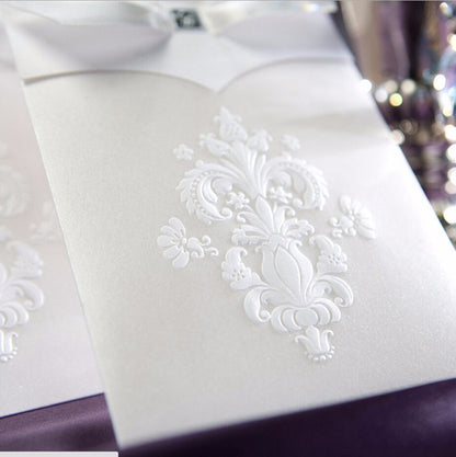 Vertical Ivory White Flora Pattern with Bowknot Engagement Wedding Invitation - DorisHome
