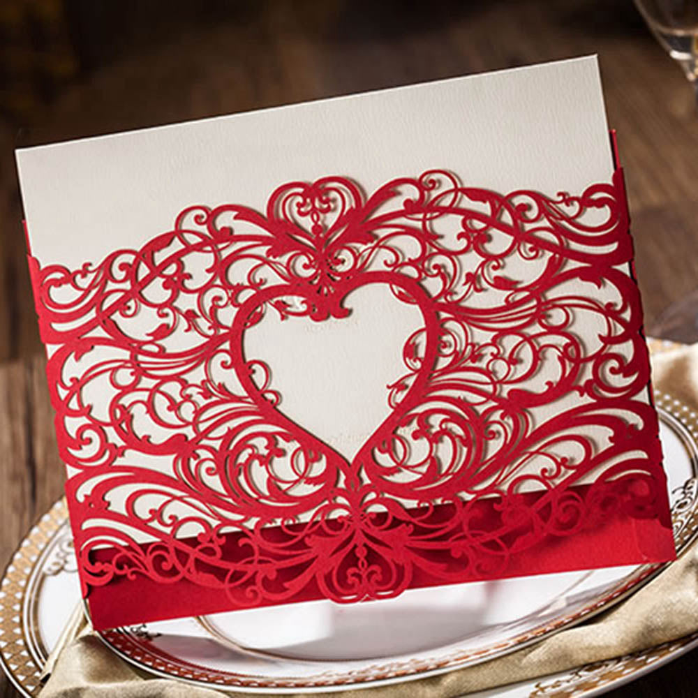 Red Hollow Heart Design Wedding Invitation,Invitations - DorisHome