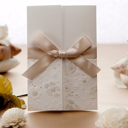Vintage Embossed Tri-fold Engagement Wedding Invitation With Lace Bowknot - DorisHome
