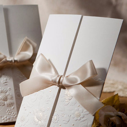 Vintage Embossed Tri-fold Engagement Wedding Invitation With Lace Bowknot - DorisHome