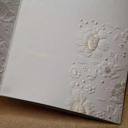 Vintage Embossed Tri-fold Engagement Wedding Invitation With Lace Bowknot - DorisHome