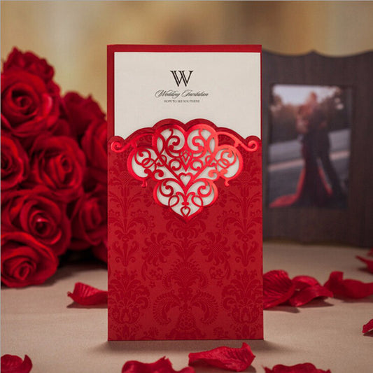 Shiny Red Vertical Hollow Pattern Engagement Wedding Invitation - DorisHome
