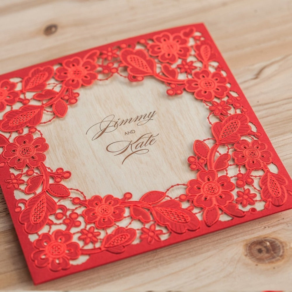 Red Square Hollow Flora Vintage Laser Cut Wedding Invitation - DorisHome
