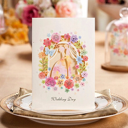 Vertical Laser Cut Engagement Wedding Invitation with Colorful Flower Flora - DorisHome