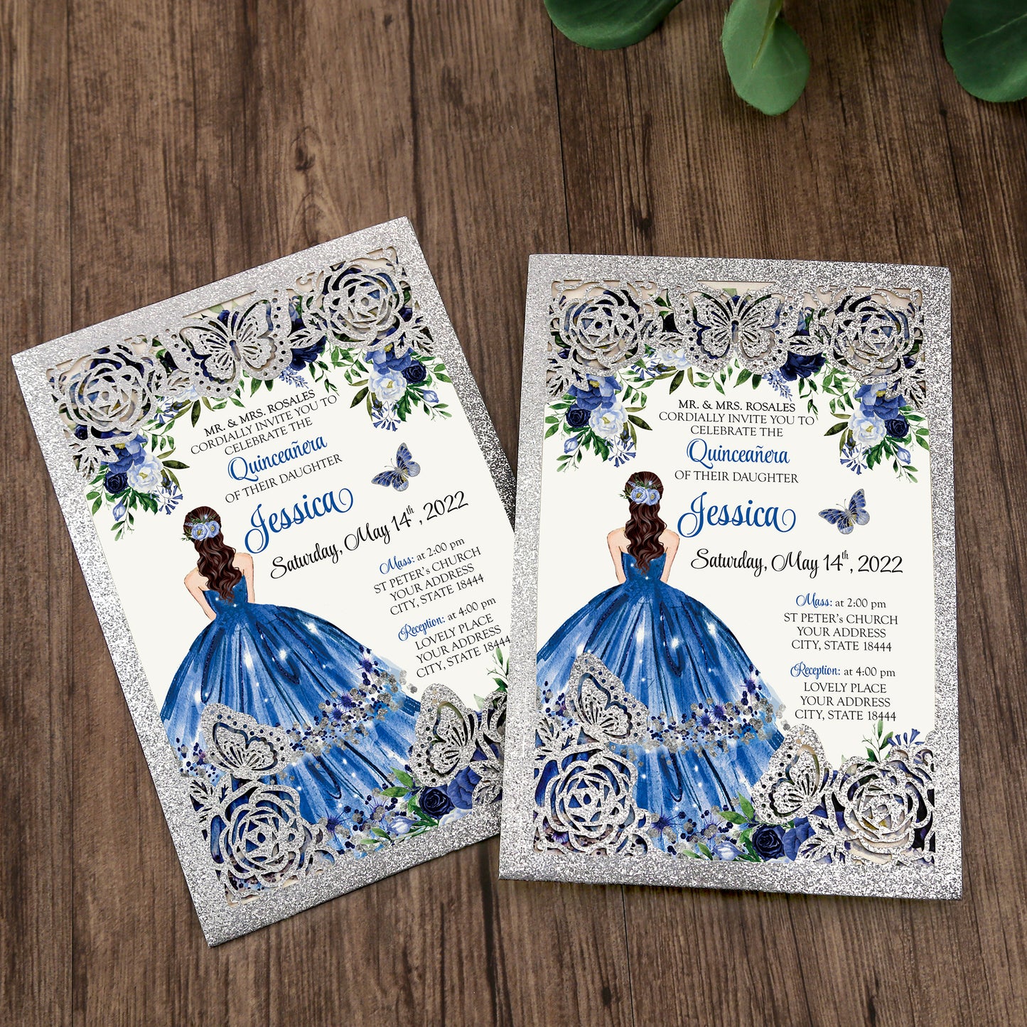 Silver with Hollow Butterflies Invitations Greeting Cards For Quinceanera