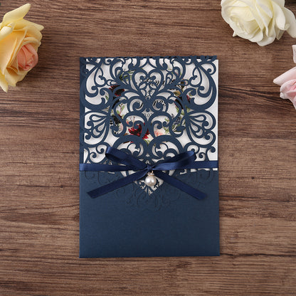 Navy Blue Pearl Pendant Floral Laser cut invitation cards for Wedding Anniversary - DorisHome