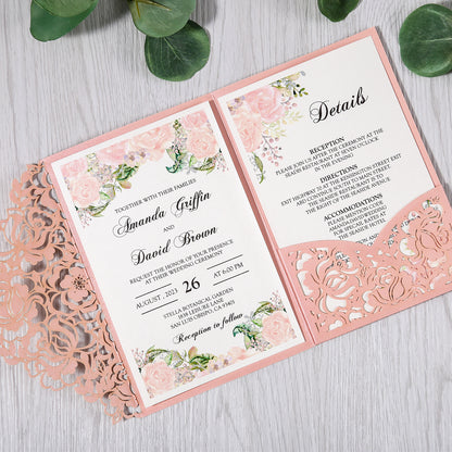 Pink Floral Laser cut invitation cards for Wedding