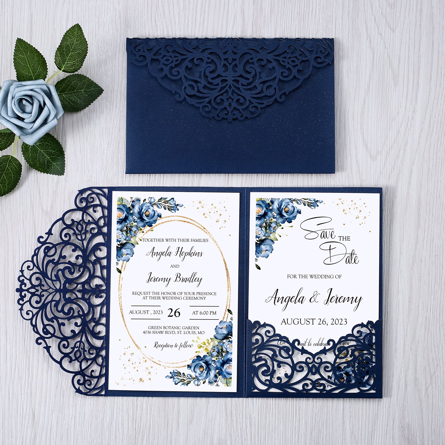 4.7 x7 inch Blue Laser Cut Hollow Rose Wedding Invitations Cards with Envelopes for Wedding Party - DorisHome