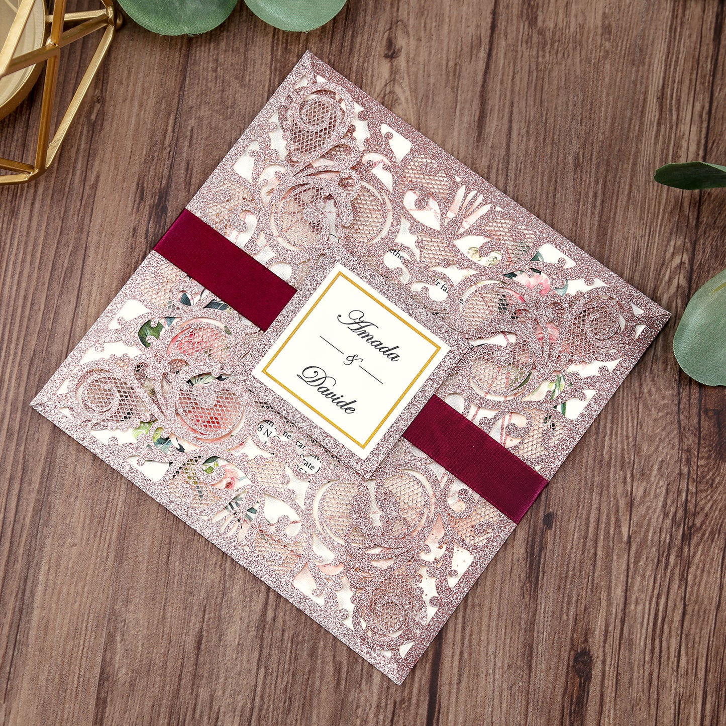 Square Rose Gold Glitter Wedding Invitations with Glitter Belly Band for Wedding - DorisHome