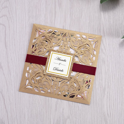 Square Gold Laser Cut Lace Flower Invitations Cards - DorisHome