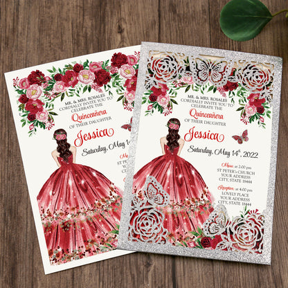 Silver with Hollow Butterflies Invitations Greeting Cards For Quinceanera