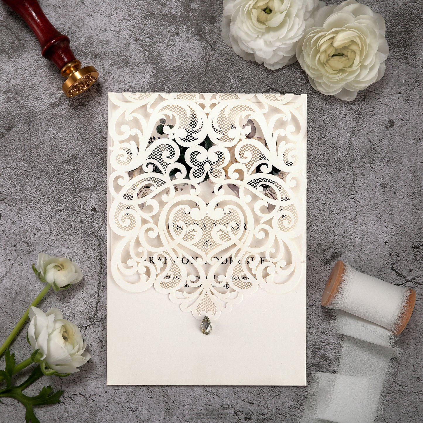 Vertical Green Floral Laser cut invitations for Wedding Anniversary