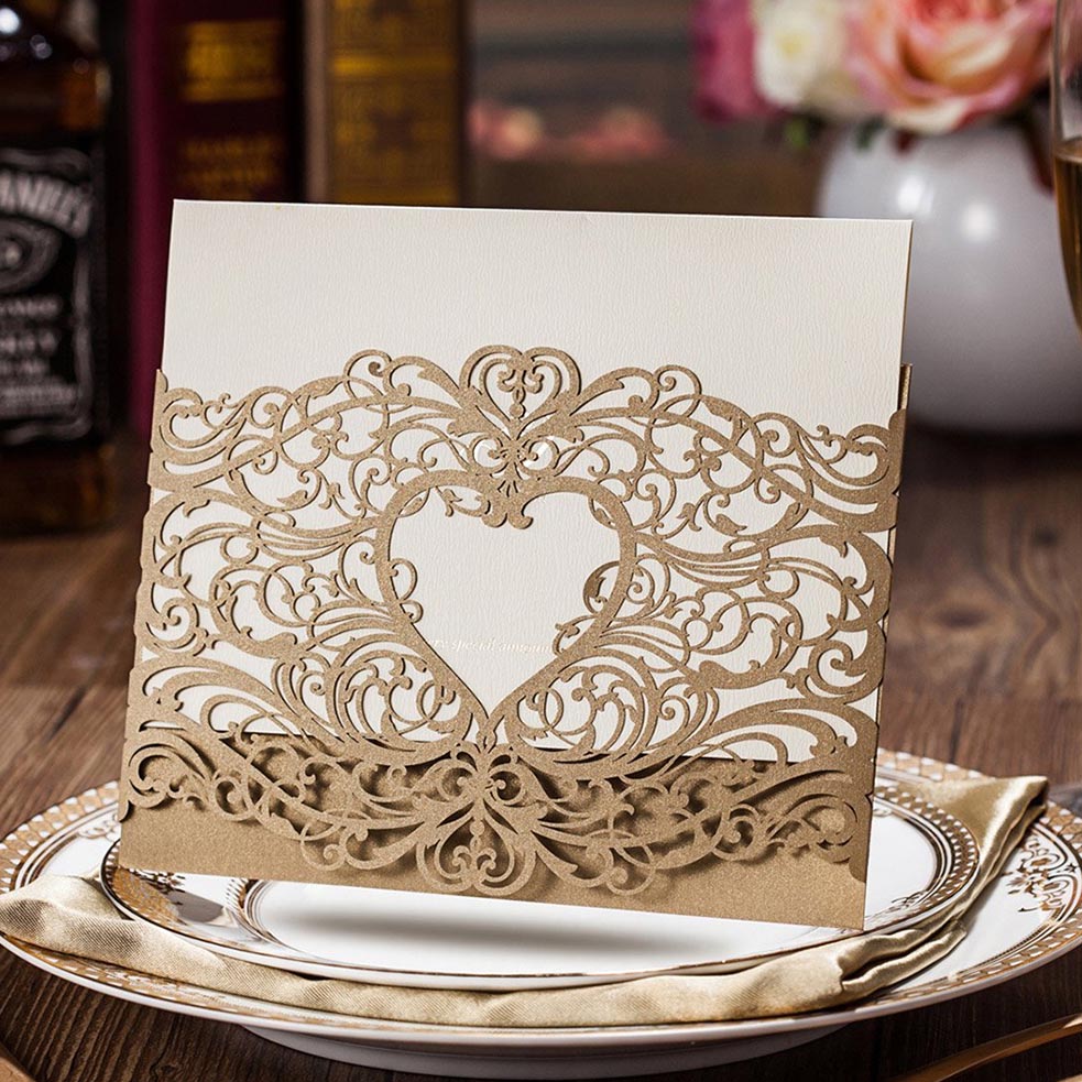Gold Lace Cut Wedding Invitation Cards,Invitations - DorisHome