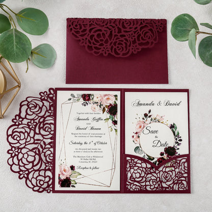 DreamBuilt 4.7 x7 inch Burgundy Laser Cut Hollow Rose Wedding Invitations Cards with Burgundy Pockets and Envelopes for Wedding Bridal Shower