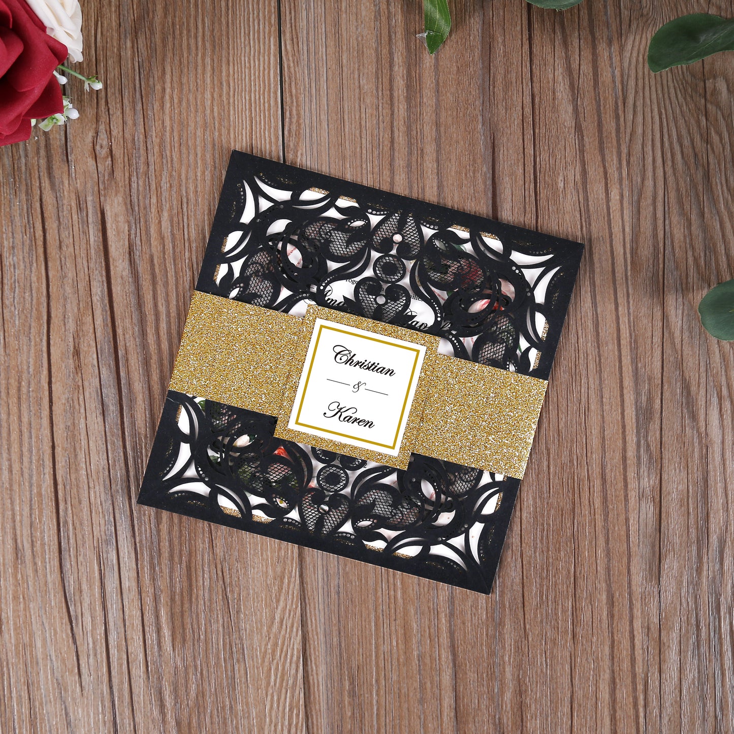 Square Black Laser Cut Lace Flower Invitations Cards