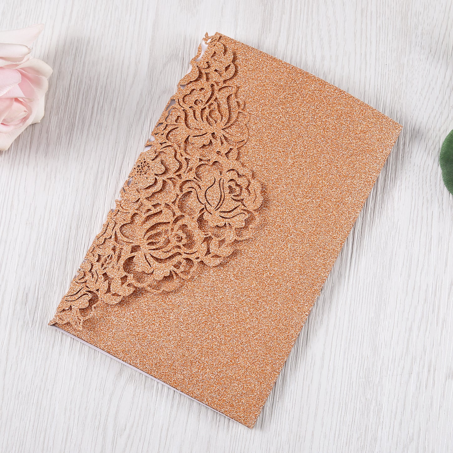4.7 x7 inch Bronze Glitter Laser Cut Hollow Rose Quinceanera Invitations Cards with Envelopes