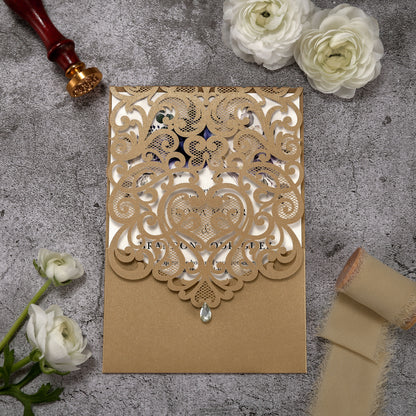 Vertical Blue Floral Laser cut invitations for Wedding Anniversary