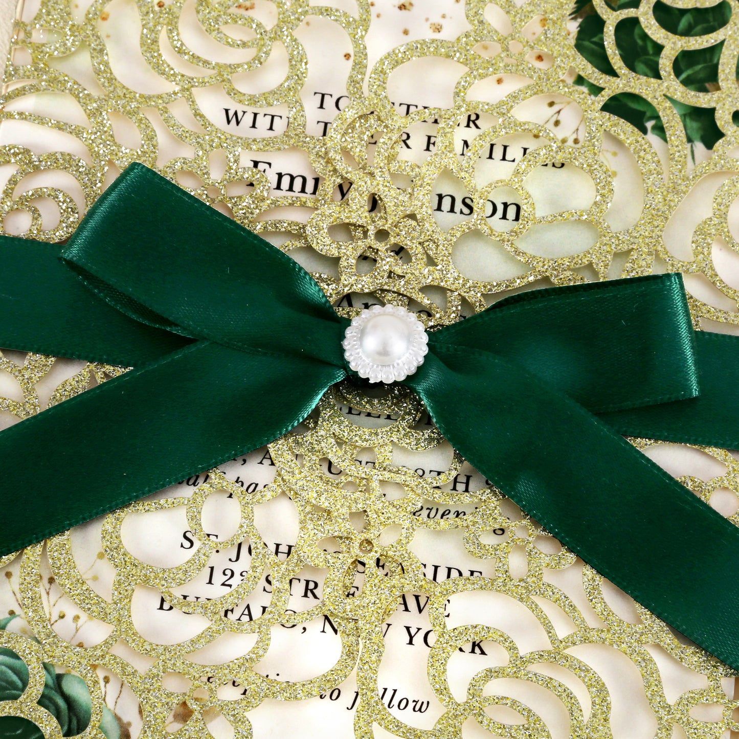 Gold Glitter Floral Laser cut invitation cards with Emerald Green Ribbon and Pearl for Wedding Anniversary