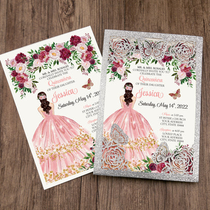 Silver with Hollow Butterflies Invitations Greeting Cards For Quinceanera