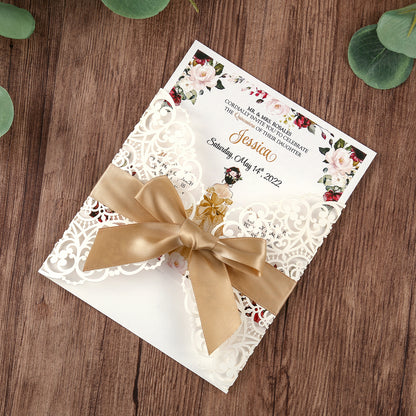 Square Wedding Invitations Cards with Gold Ribbon For Quinceanera - DorisHome