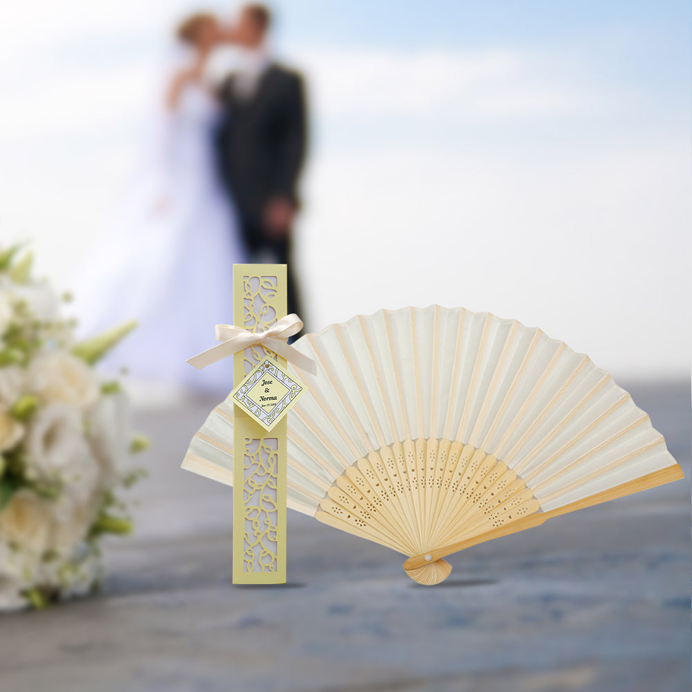 50pcs Satin Silk Folding Hand Held Bamboo Fans with Names for Summer Wedding Favor, Ivory - DorisHome