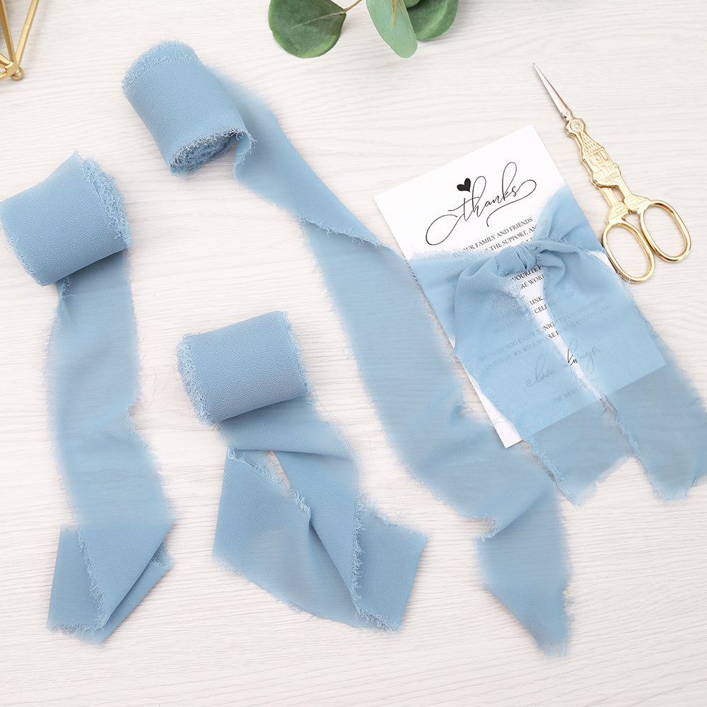 Handmade Fringe Chiffon Silk-Like Ribbon 2" x 7Yd Set of 3 Rolls Ribbons for Wedding Invitations, Bouquets, Gift Wrapping (3 Rolls Dusty Blue) - DorisHome