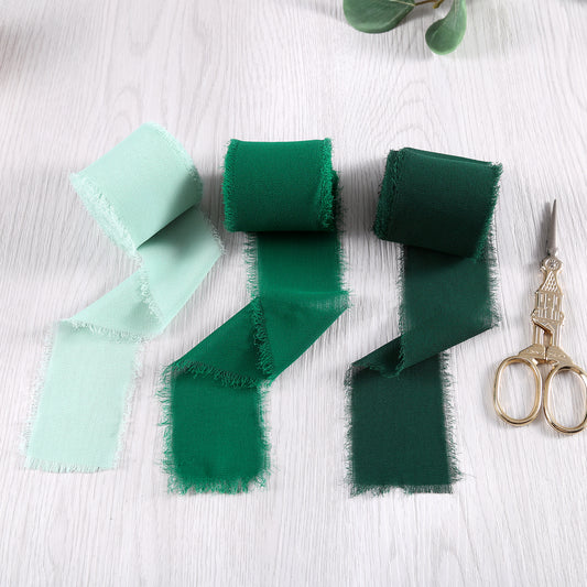 Handmade Fringe Chiffon Silk-Like Ribbon 2" x 7Yd Set of 3 Rolls Ribbons for Wedding Invitations, Bouquets, Gift Wrapping (3 Rolls Dark Green/Forest Green/Mint Green)
