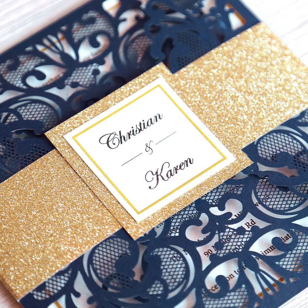 Square Blue Wedding Invitations with Glitter Belly Band for Wedding - DorisHome