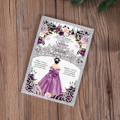 DreamBuilt Silver Glitter Invitations Purple Greeting Cards For Quinceanera - DorisHome