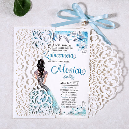 5 X 7.2" Laser Cut Hollow Rose Wedding invitations Cards With Blue Ribbon And Envelopes For Quinceanera Sweet 15 Invite - DorisHome