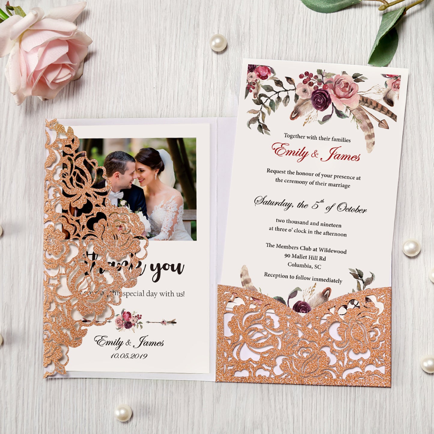 4.7 x7 inch Bronze Glitter Laser Cut Hollow Rose Wedding Invitations Cards with Envelopes