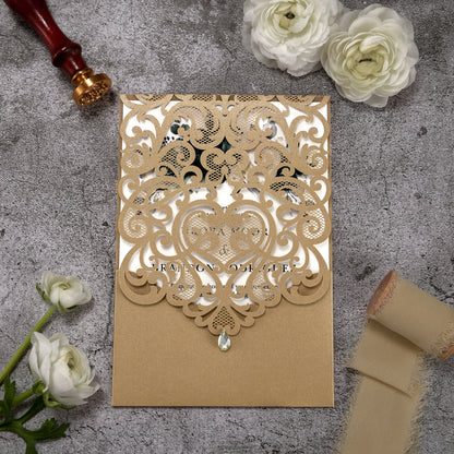 Vertical Green Floral Laser cut invitations for Wedding Anniversary