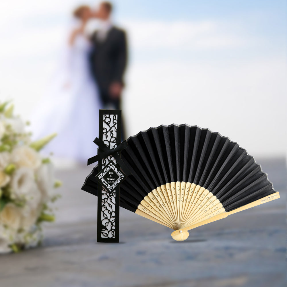 50pcs Satin Silk Folding Hand Held Bamboo Fans with Names for Summer Wedding Favor, Black - DorisHome