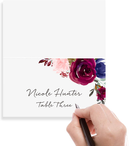 Floral Place Cards for Wedding or Party, Seating Place Cards for Tables, Scored for Easy Folding, Flower Design, 2 x 3.5 Inches