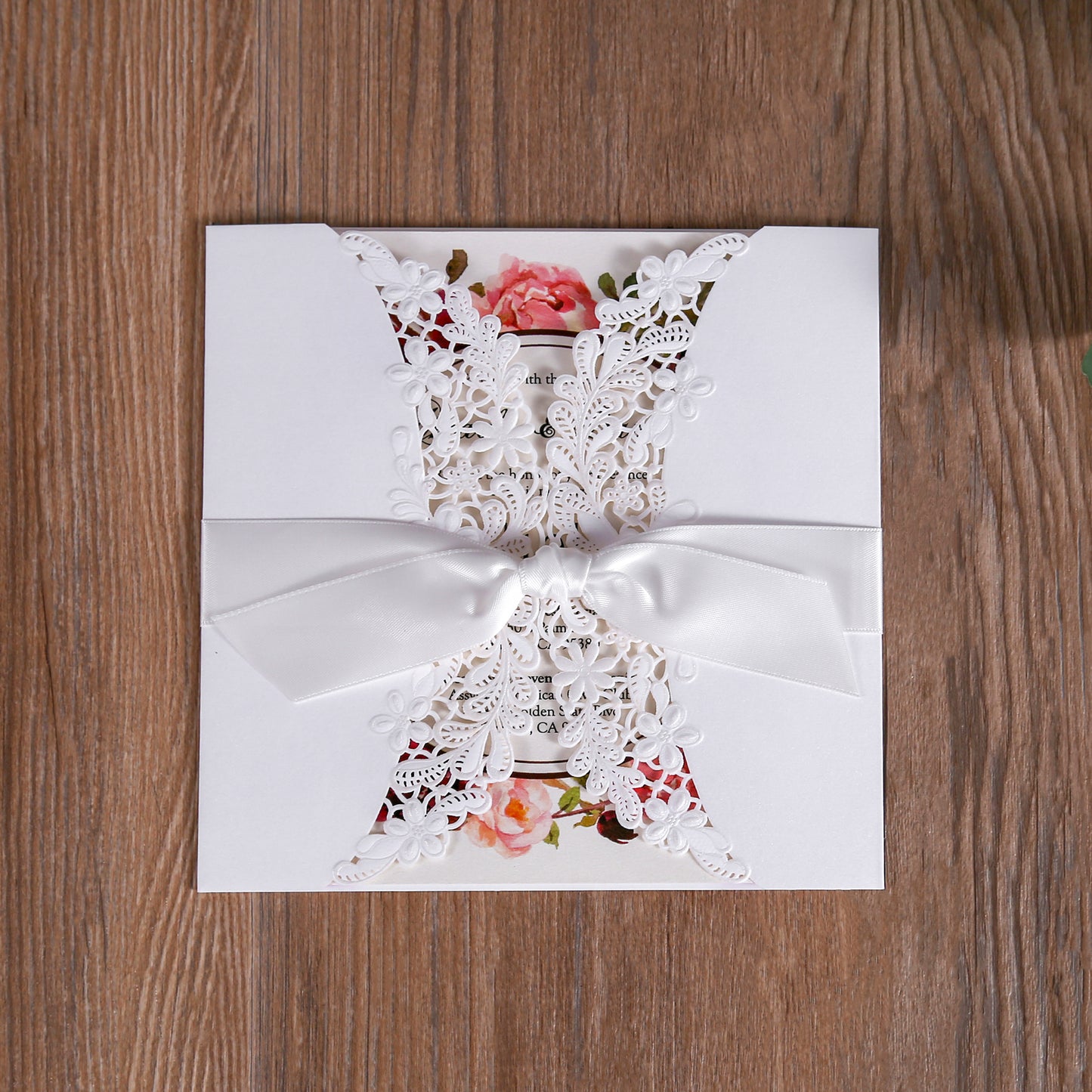 Laser cut Ivory White Hollow Flora Wedding Invitation with Bowknot