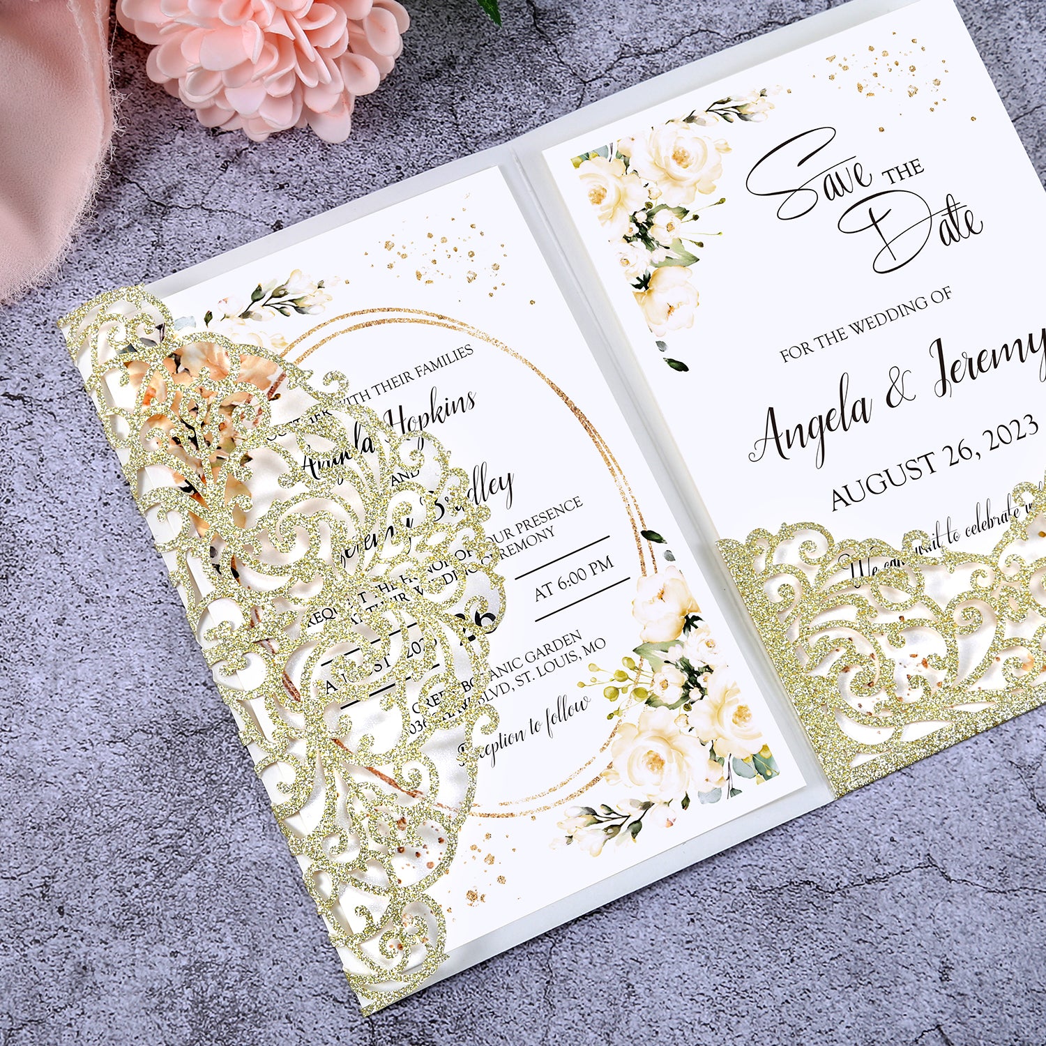 4.7 x7 inch Gold Glitter Laser Cut Hollow Rose Wedding Invitations Cards with Glitter Pockets and Envelopes for Wedding Party - DorisHome