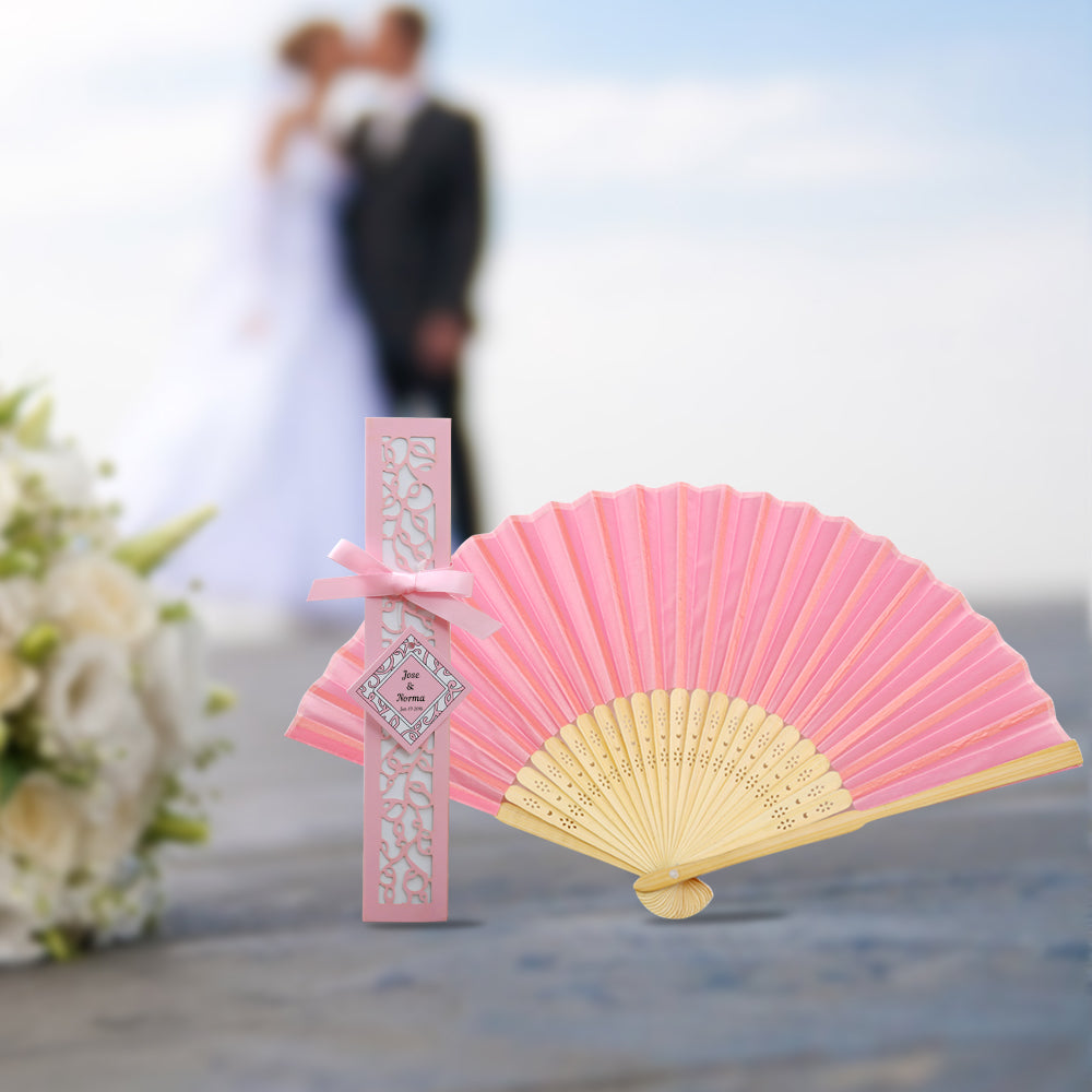 50pcs Satin Silk Folding Hand Held Bamboo Fans with Names for Summer Wedding Favor, Pink - DorisHome