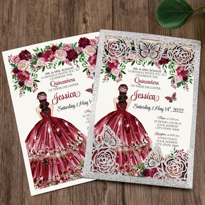Silver with Hollow Butterflies Invitations Greeting Cards For Quinceanera